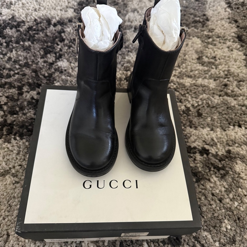 Gucci Kids girls Nero Black Leather Ankle Boots Side Zip 433126 Size 28 / 11
